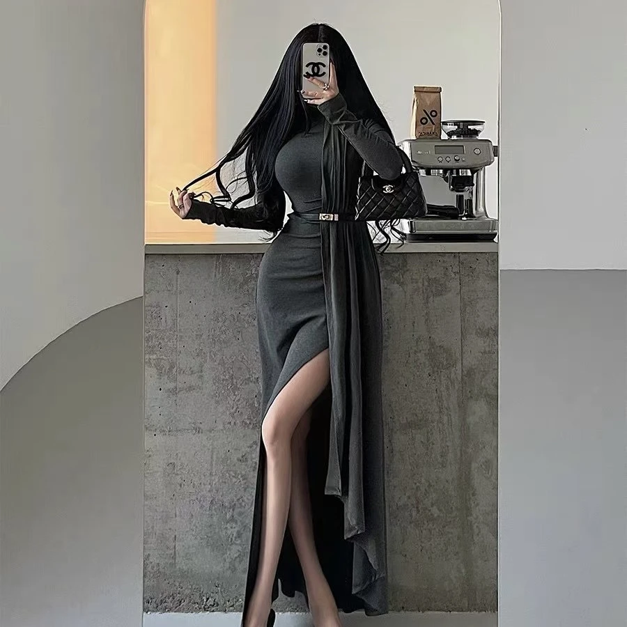 羞羞大码【远方来信】显瘦气质时尚开叉修身名媛设计感连衣裙8128