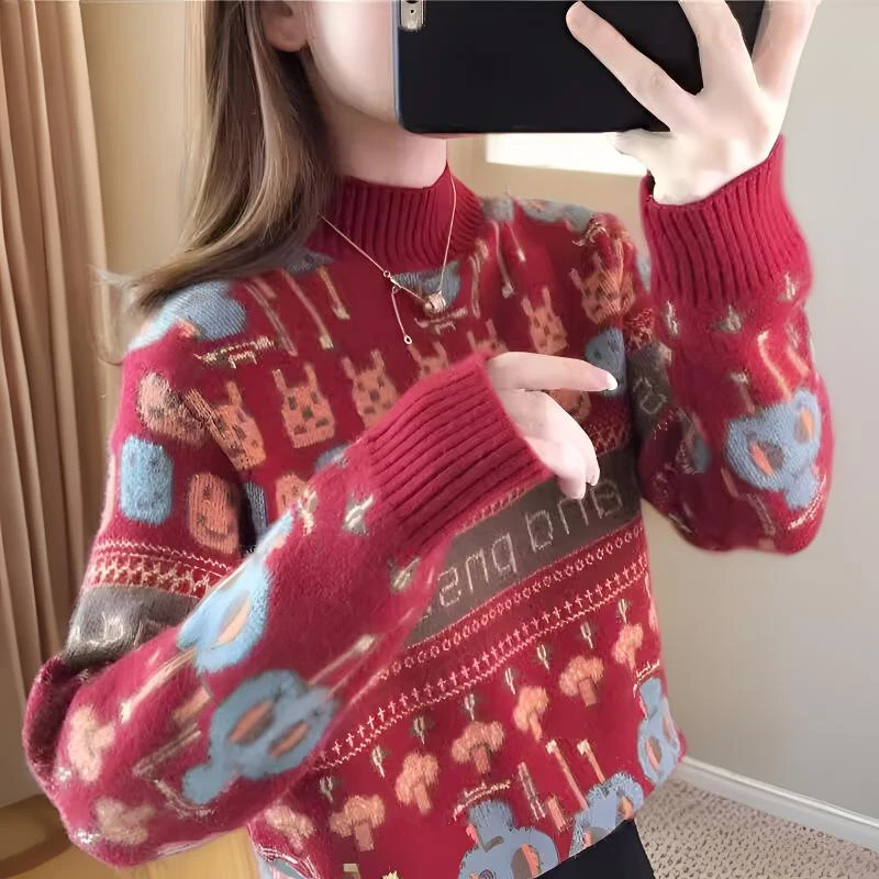 新款女士半高领毛衣女春秋卡通时尚洋气针织打底衫潮