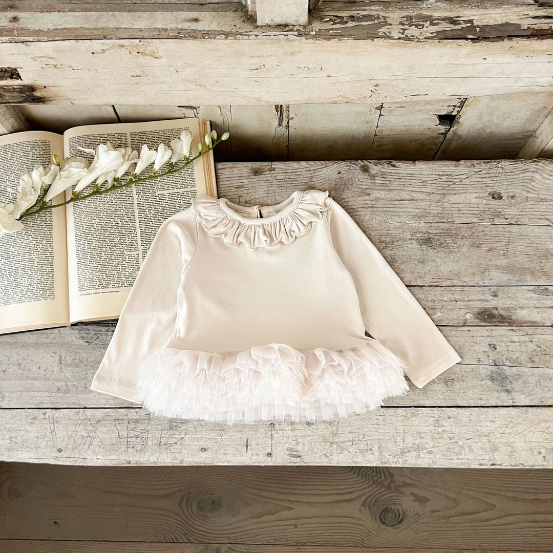 高端定制2024春秋新款女宝荷叶领蓬蓬纱裙分体坑条蝴蝶结套装