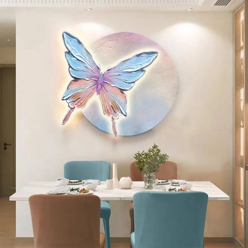 现代简约风客厅装饰画蝴蝶沙发背景墙挂画复古高级感砂岩玄关灯画