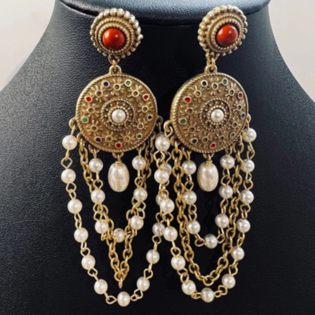 铜合金耳饰 铜合金耳饰拜占庭款民族风珠珠流苏耳环