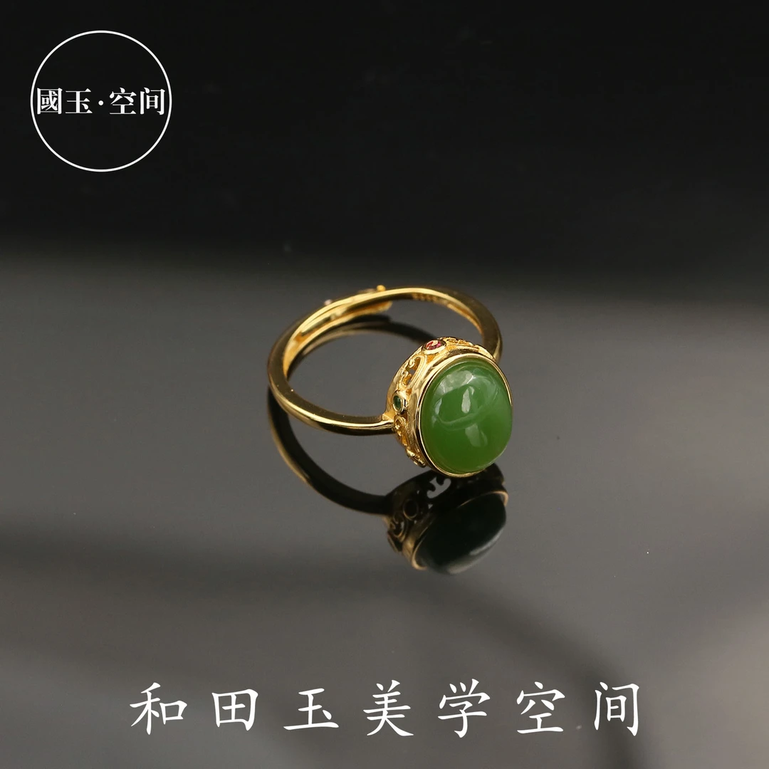 国玉天工s925微猫碧玉蛋面戒指 9*7*11gytg2772g 多样性发货