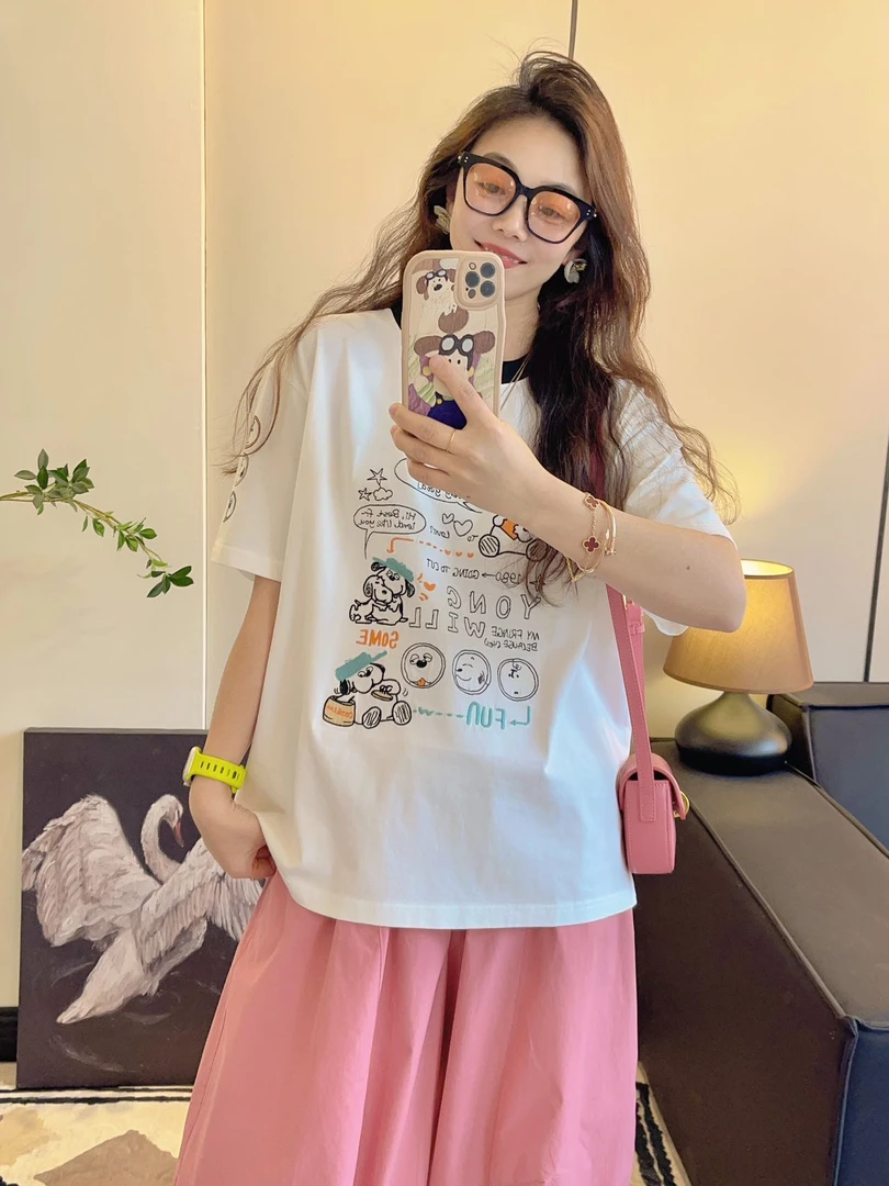 Yongwill小羊纸袋3753抱抱狗拼色领纯棉短袖T恤韩版显瘦宽松刺绣