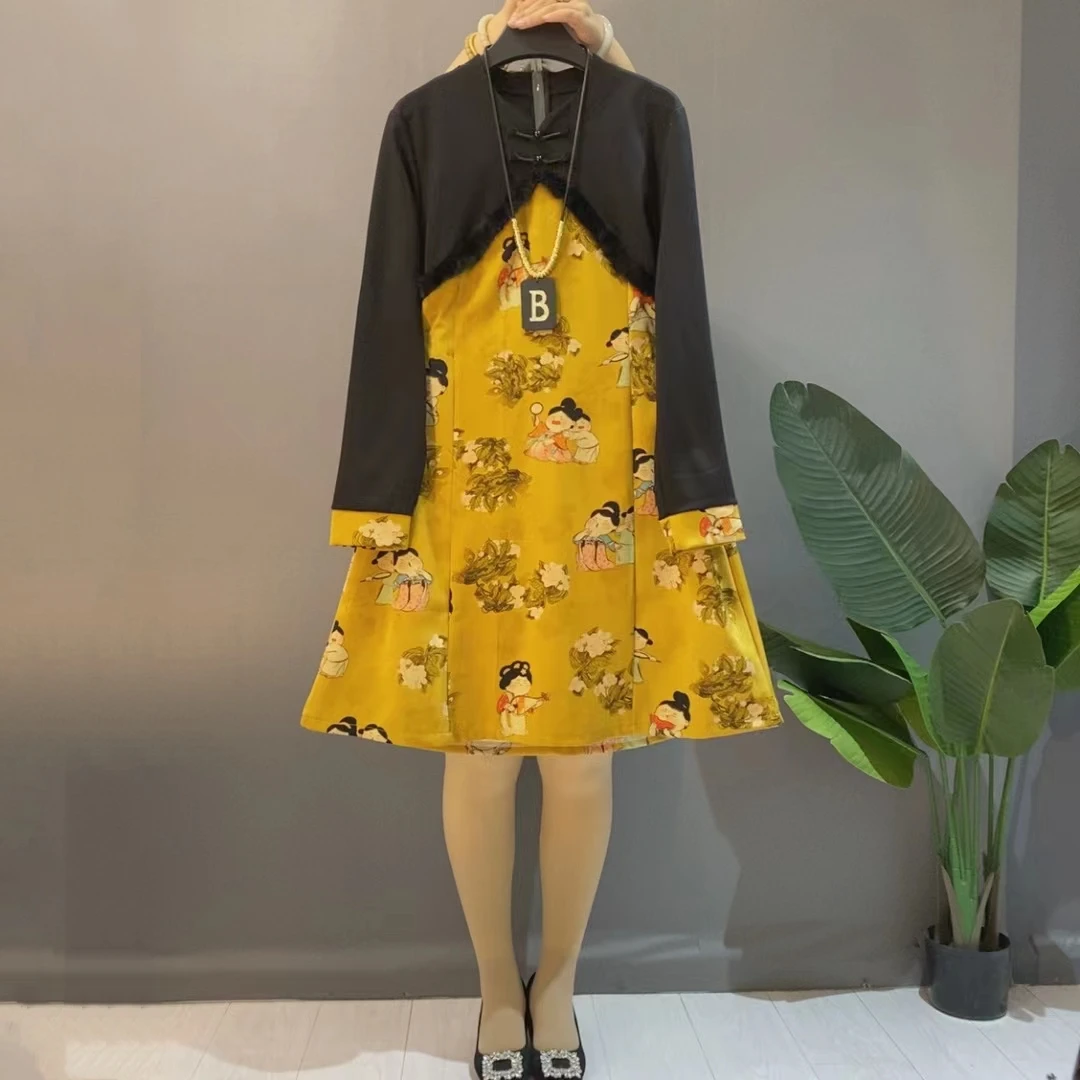 胖妹妹新中式复古盘扣显瘦气质拼接连衣裙秋冬女装微胖大码高级