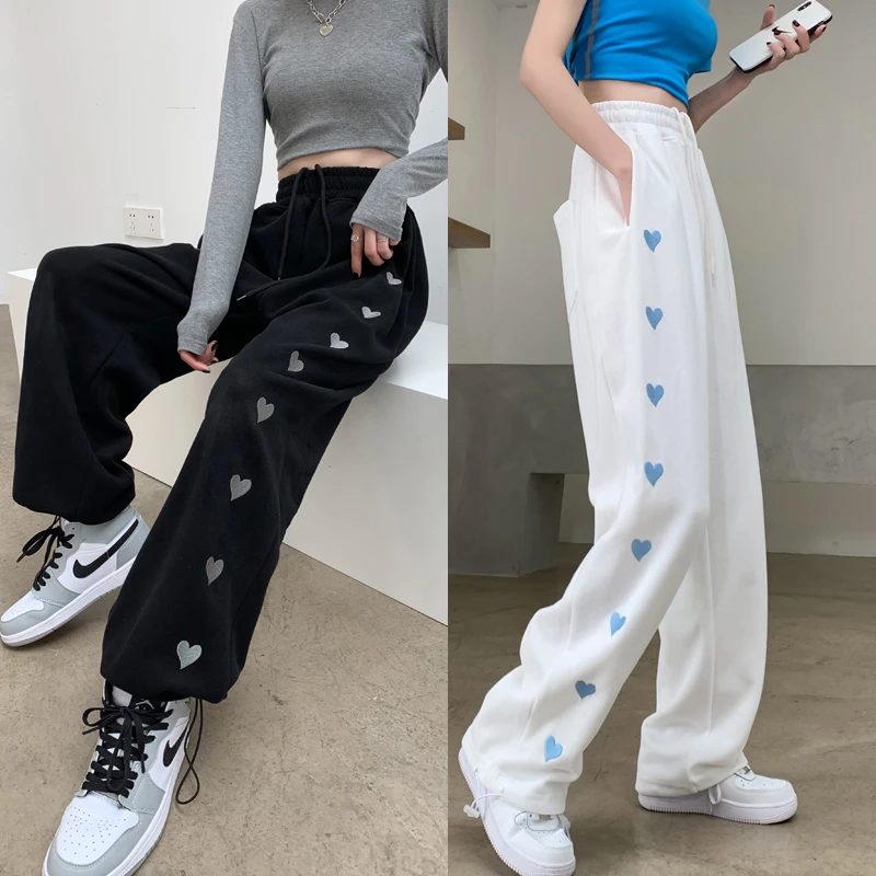 阔腿宽松束脚休闲运动裤女卫裤春秋欧美爱心刺绣高腰显瘦哈伦裤子