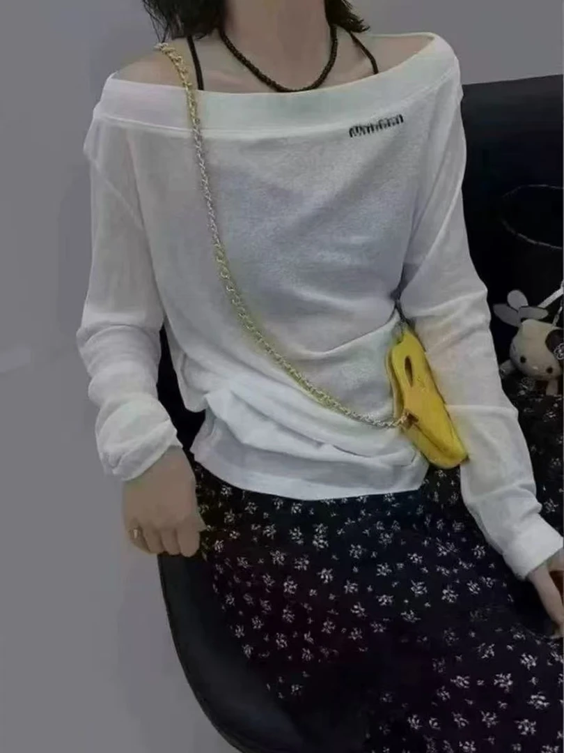 66001新款韩版时尚百搭显瘦斜肩长袖T恤女