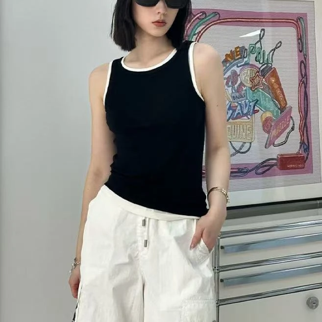 云柔感羊毛天丝混纺假两件背心~显瘦时尚百搭夏季无袖休闲打底