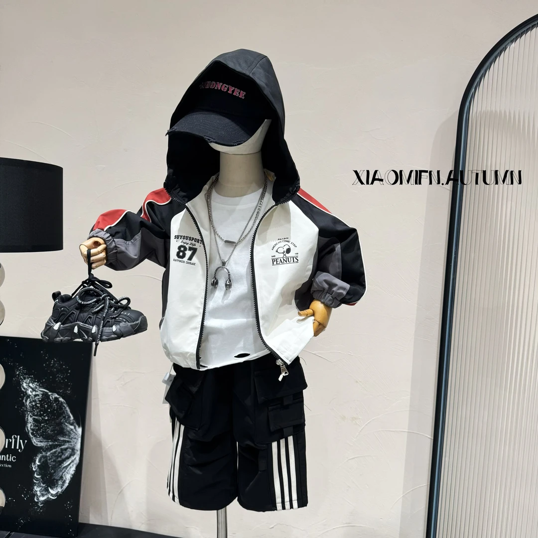 【口渴小鱼】拼色冲锋衣男儿童24秋季新款儿童潮甩帽外套宽松AWT26