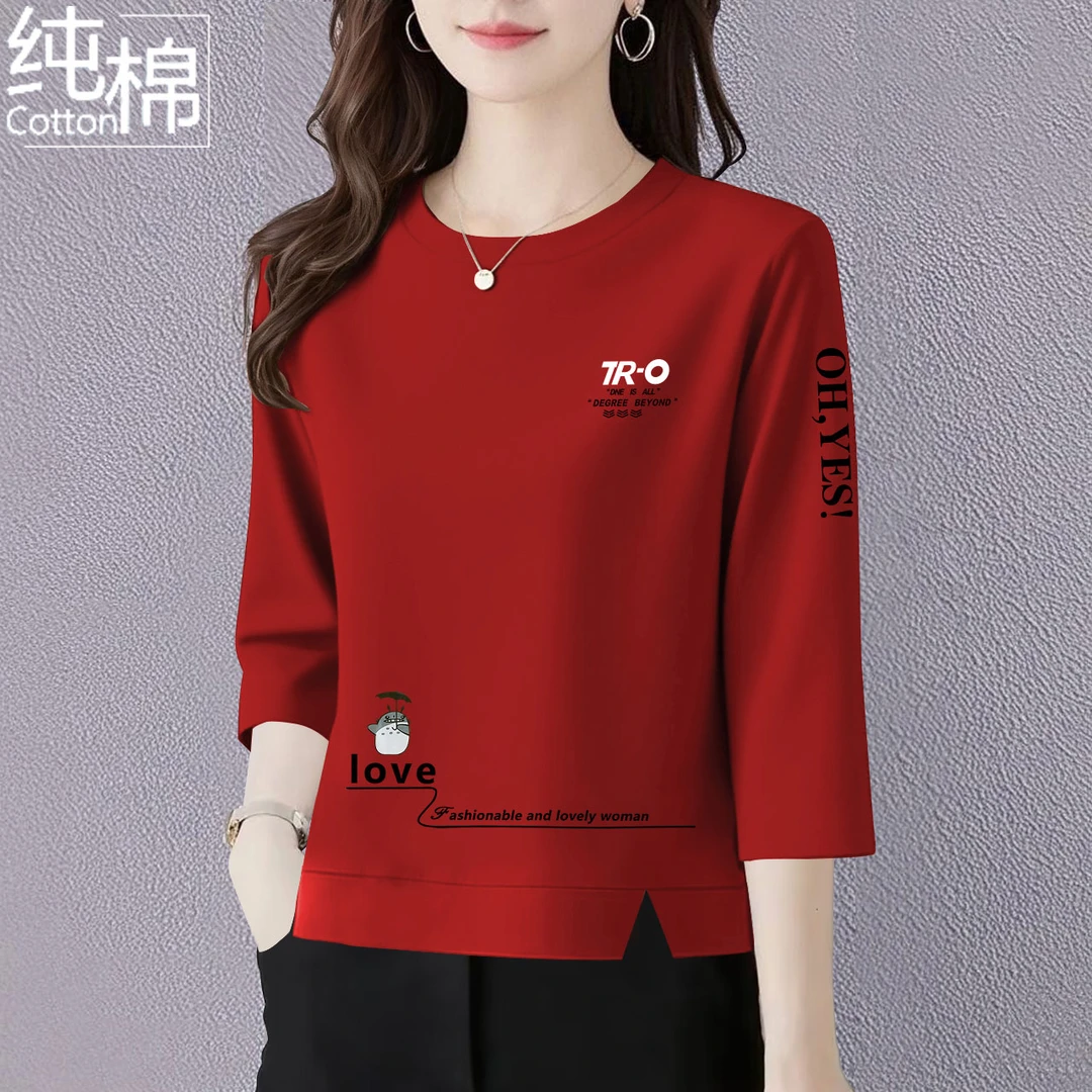 纯棉七分袖t恤女中年妈妈装夏季新款洋气宽松显瘦遮肚上衣女体恤
