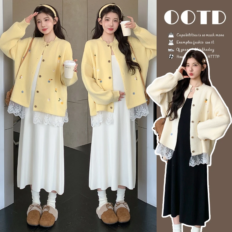 孕妇装秋冬装2025秋冬刺绣加厚开衫毛衣+长款连衣裙秋冬孕妇套装