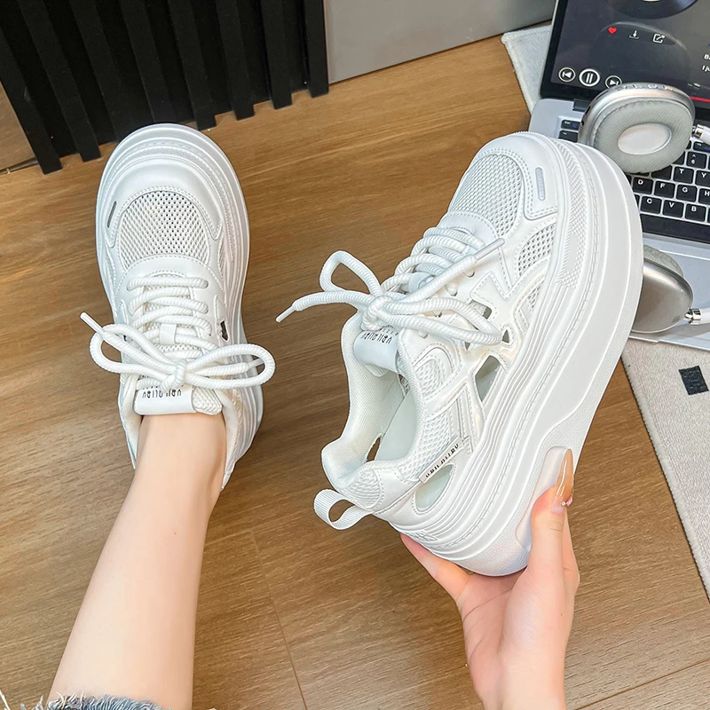 新款小个子8公分厚底镂空2025夏季增高真皮网透气时尚百搭女鞋潮