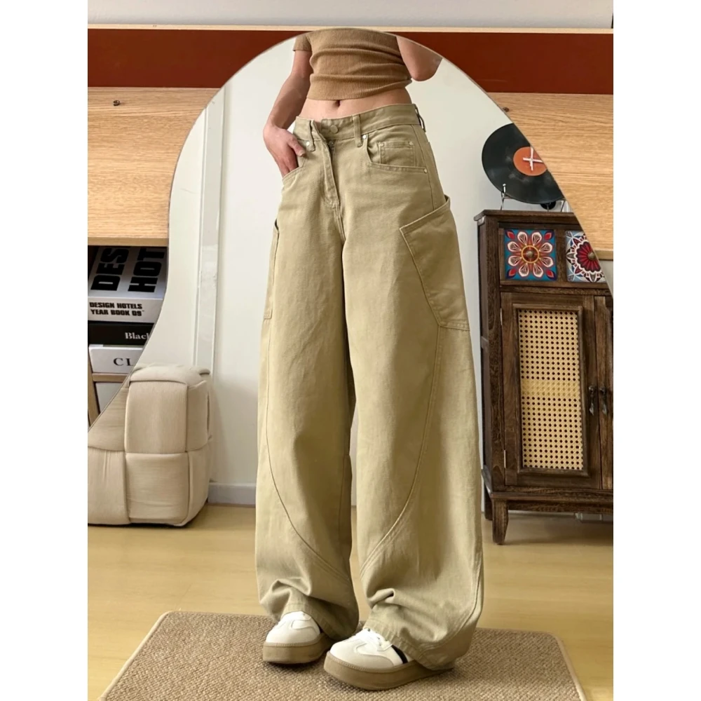 美式复古卡其廓形阔腿裤女2025秋季显瘦设计感大口袋弯刀牛仔裤子