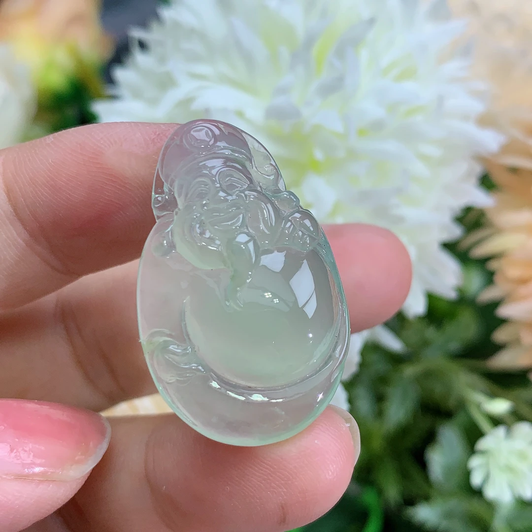 缅甸天然翡翠A货高冰起光底色财神爷吊坠木尺寸31.8/20.2/7.1mm