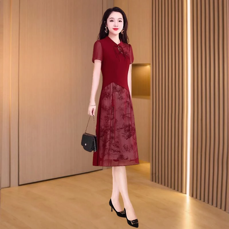 喜婆婆婚宴假两件连衣裙2025新款女夏季洋气广州十三行爆妈妈旗袍