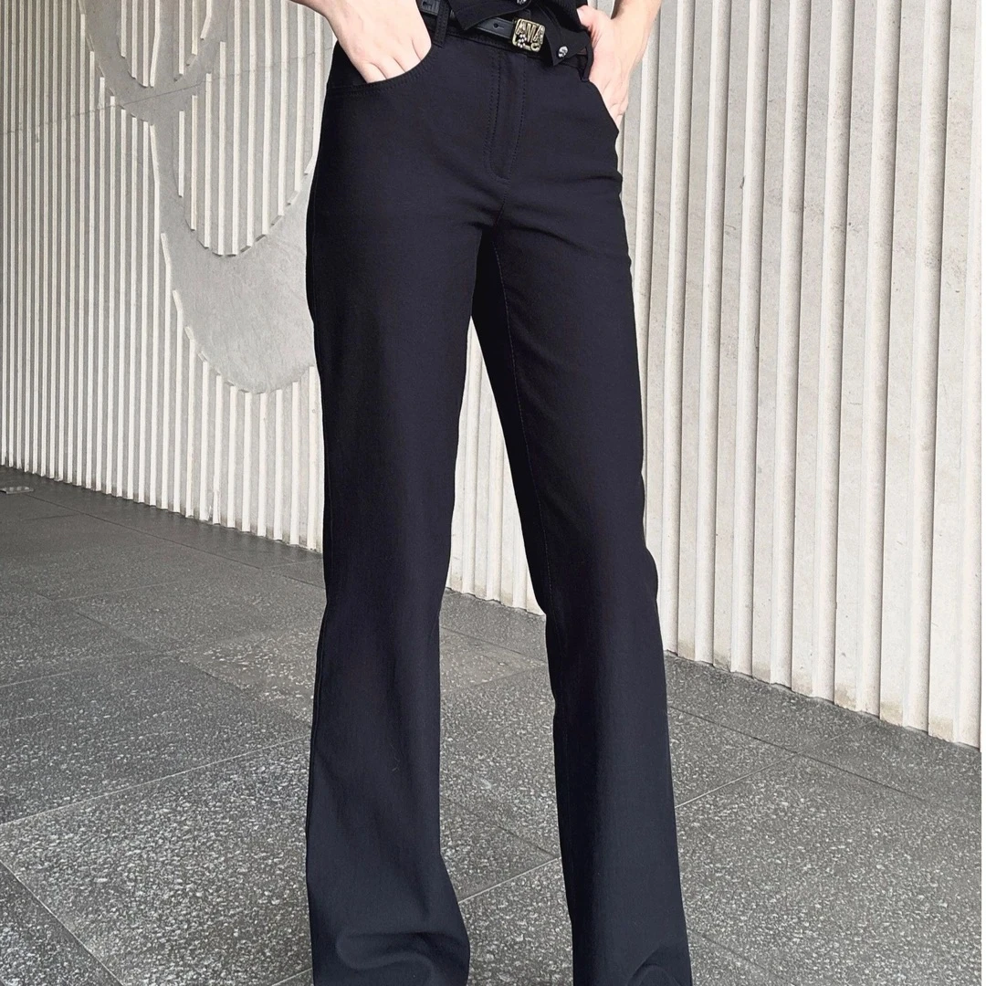 新款复古时尚直筒微喇百搭休闲气质黑色植绒高弹女士牛仔裤510011