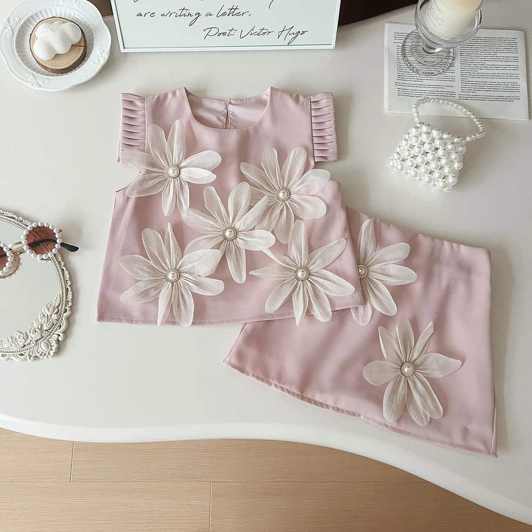 2025夏季新款韩版时尚女童花朵无袖气质套装S24312