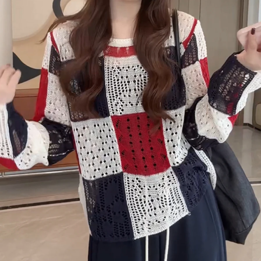 设计感方格重工撞色镂空罩衫女2025秋季新款宽松别致慵懒风针织衫