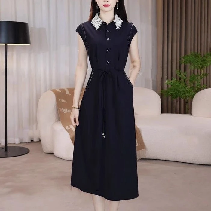 A01夏季连衣裙显瘦黑裙裙子时尚收腰中长款气质