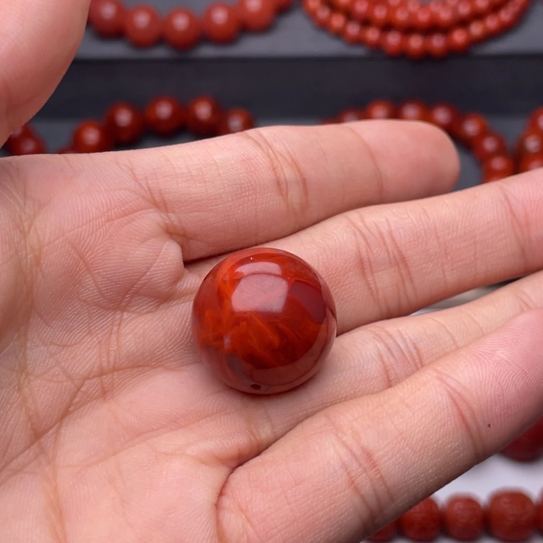 青***哥南红玛瑙未镶嵌手串H19.9mm满肉妖孽牛血火焰单珠