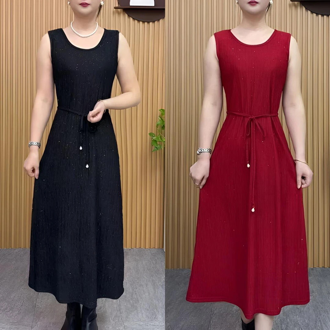 夏季新款气质连衣裙丝光压皱烫金系带显瘦高腰遮肉遮肚子无袖长裙