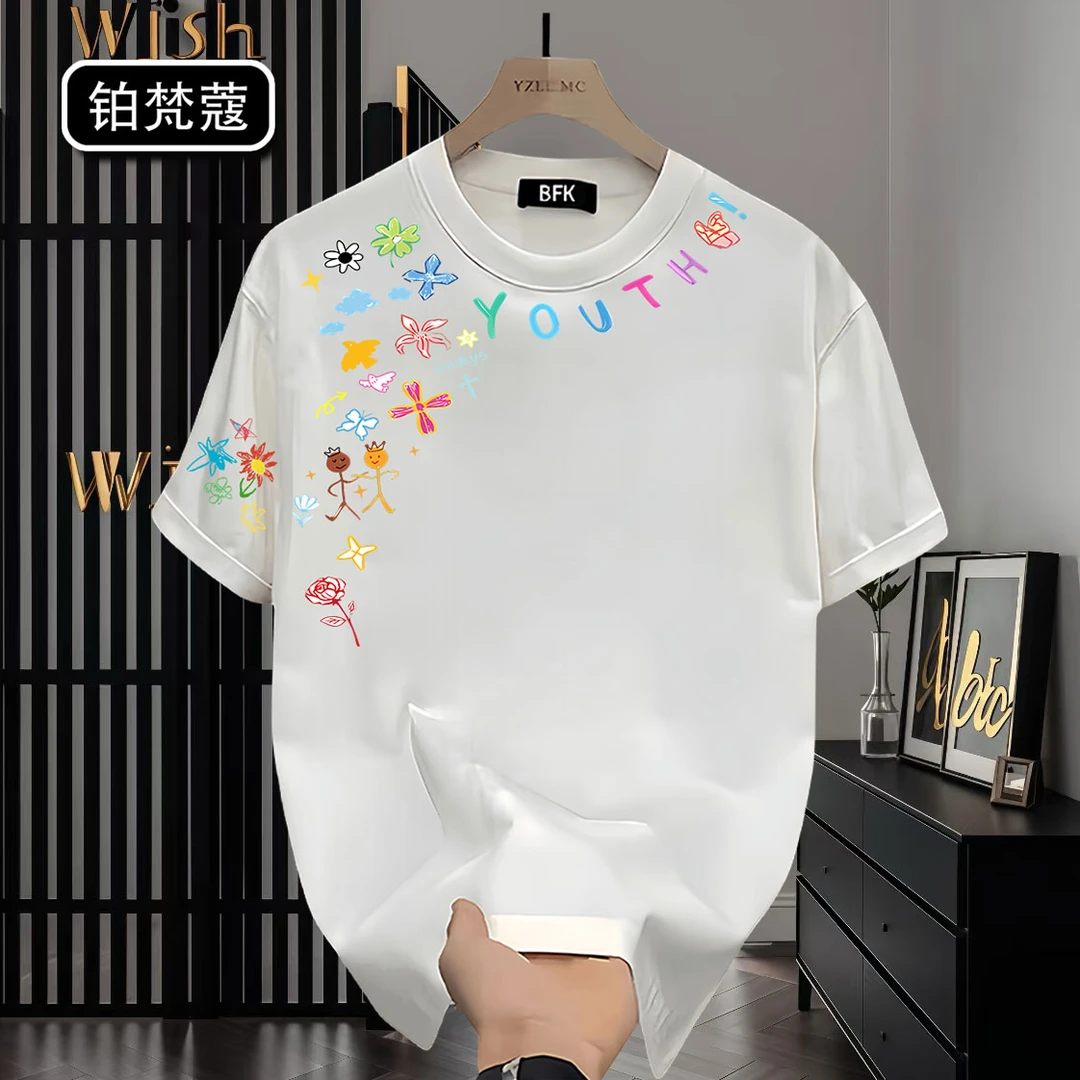 铂梵蔻宽松夏季印花短袖男士美式潮休闲圆领T恤上衣大码痞帅纯棉