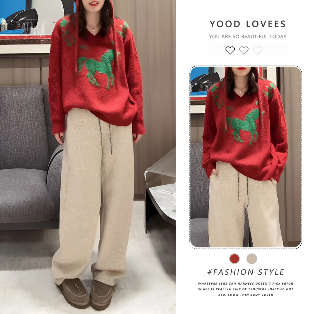 韩系时尚小众设计感加厚长袖针织衫百搭显瘦阔腿长裤女秋冬两件套