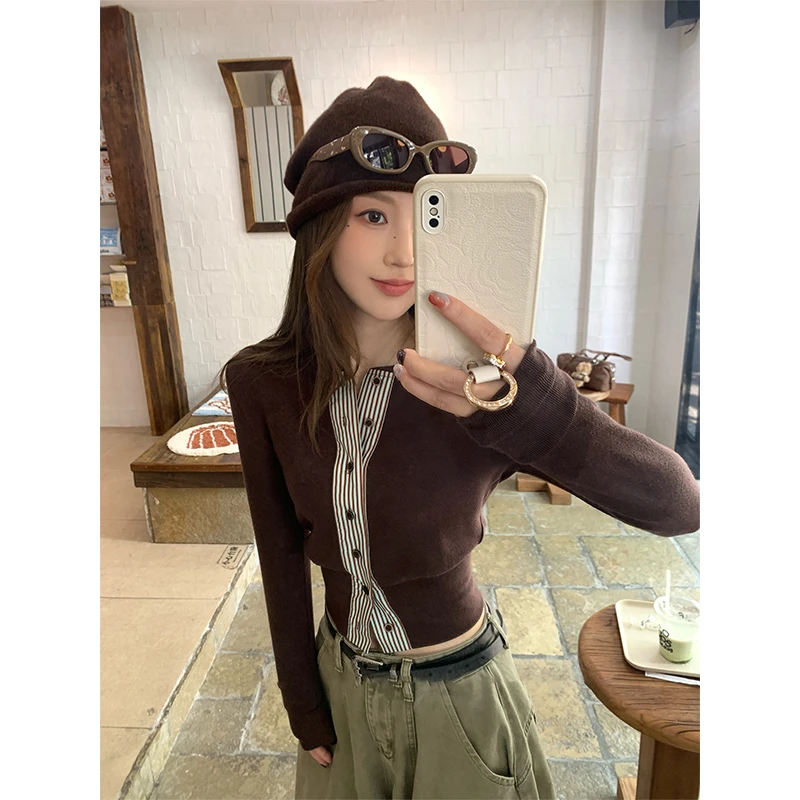 韩系咖色假两件针织开衫女秋季气质修身显瘦超好看小个子长袖上衣