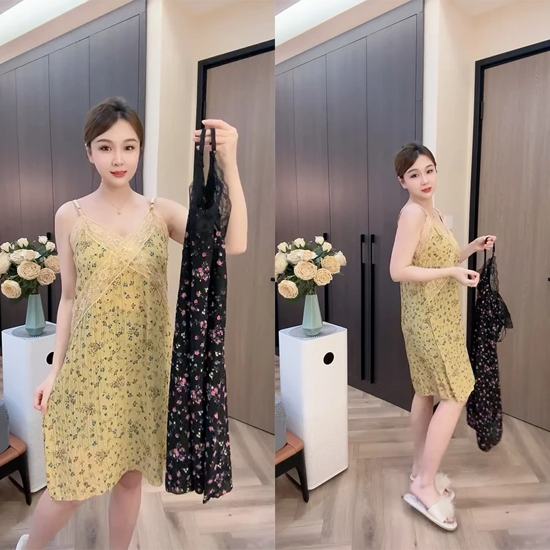夏季薄款甜美睡裙修身气质宽松吊带裙碎花显瘦蕾丝边睡衣家居服女