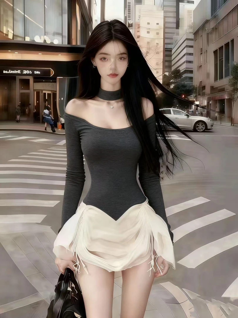 韩版早秋氛围感御姐辣妹穿搭深灰色修身一字肩露肩长袖纯欲连衣裙