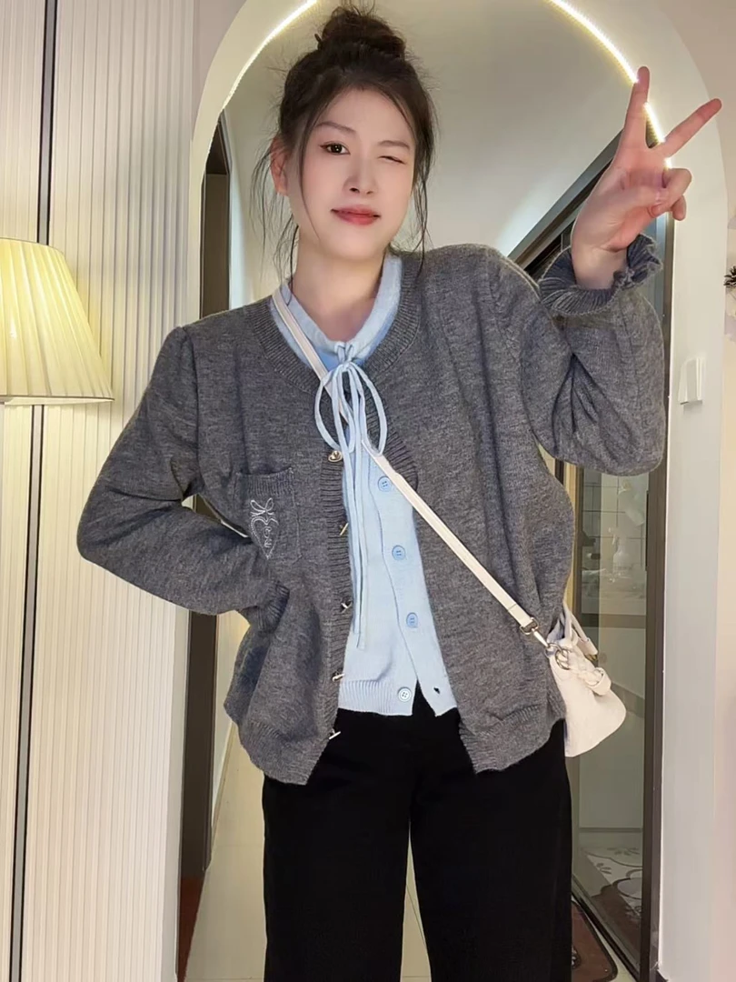 3306大码女装圆领假两件针织衫女新款蝴蝶结宽松复古开衫外套上衣