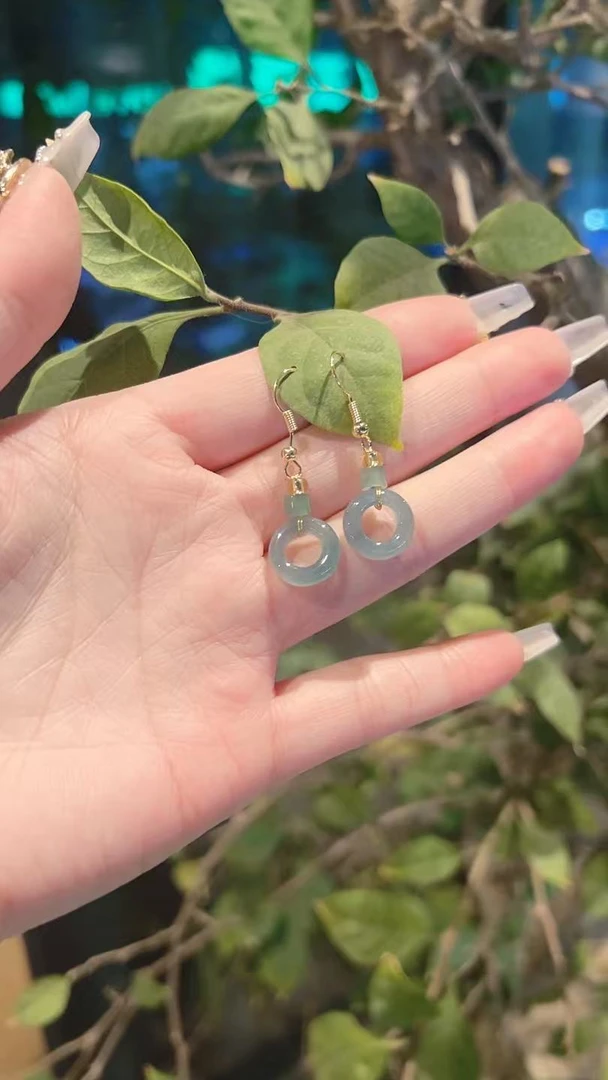 危地马拉天然A货翡翠平安扣耳坠一对（有纹裂瑕疵多样性发货其一）