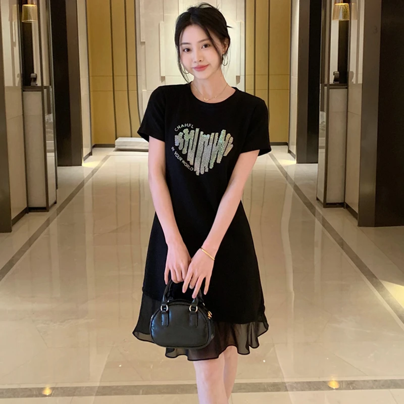 2025夏款新款法式设计感连衣裙休闲百搭宽松黑色裙子862