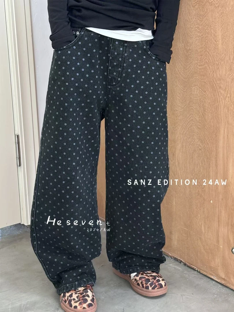 福利价灰色波点牛仔裤休闲裤