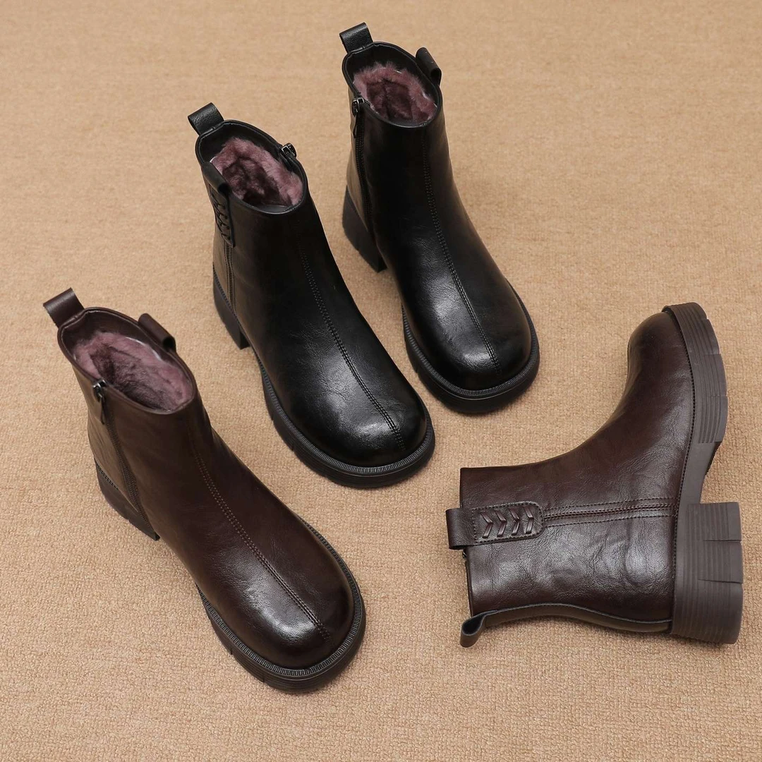 FAVMARTHA真皮 短靴皮毛一体妈妈鞋棉鞋加绒保暖防滑女靴冬季洋气