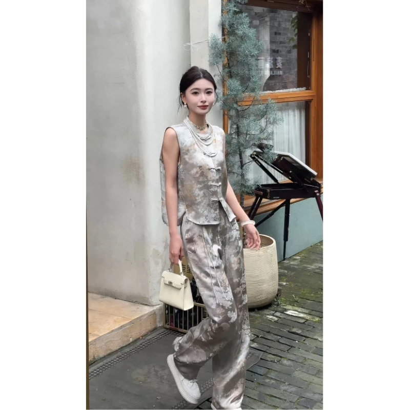 新中式气质休闲夏季中国风无袖马甲上衣阔腿裤显瘦时尚复古套装