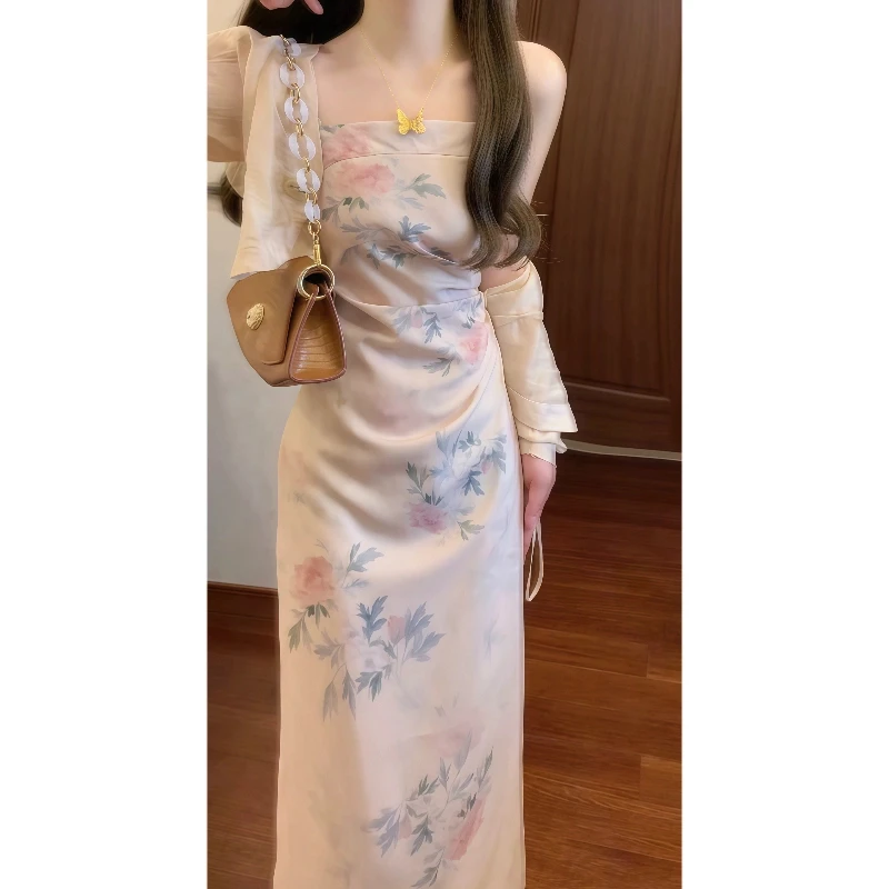 新中式国风设计感印花吊带连衣裙气质长裙+防晒空调开衫春夏