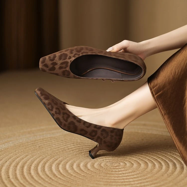 法式复古方头豹纹细中跟浅口单鞋2025春秋新款女士名媛舒适百搭款