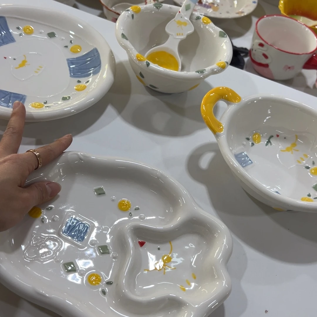 陶摆件高温陶瓷釉下彩微瑕！五件套