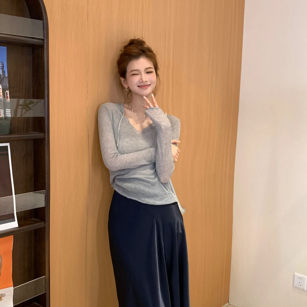 【芝士Cheese】韩恩学妹 韩系ins风时尚休闲百搭V领气质长袖上衣