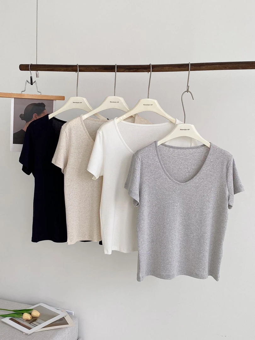 莱赛尔天丝亚麻鹅蛋领雨露麻纯色短袖T恤显瘦宽松韩版打底衫