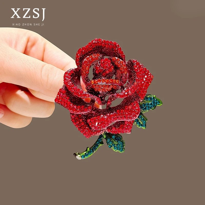 锌合金珐琅胸针 重工 满钻红色玫瑰花别针高档女大号胸花西服配饰