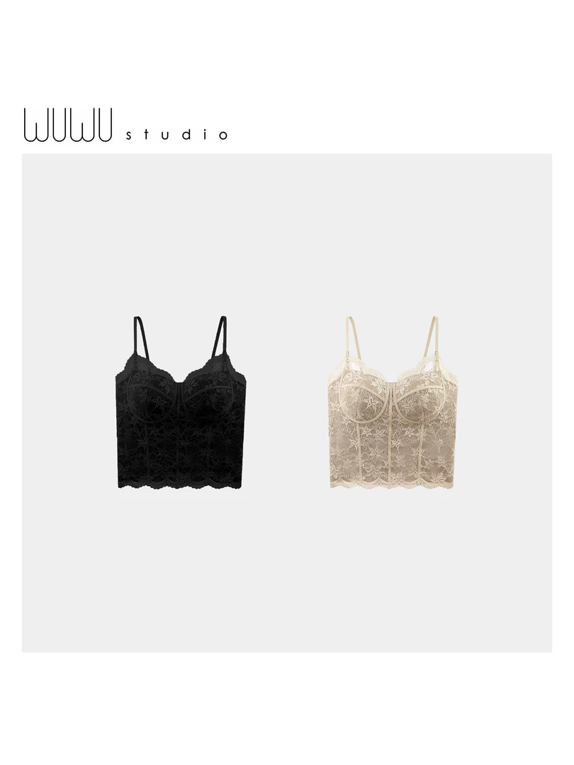 WUWU STUDIO【布蕾】秋款法式蕾丝磨毛带胸垫显瘦吊带背心3395