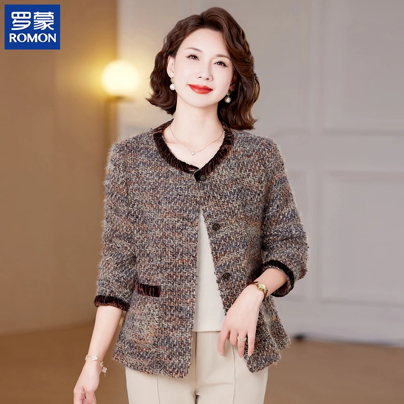 罗蒙高档妈妈秋装小香风外套新款洋气圆领开衫中老年女士短款夹克