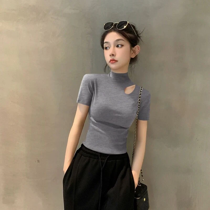 春秋新款纯色半高领短袖T恤女镂空正肩修身打底衫内搭紧身上衣潮