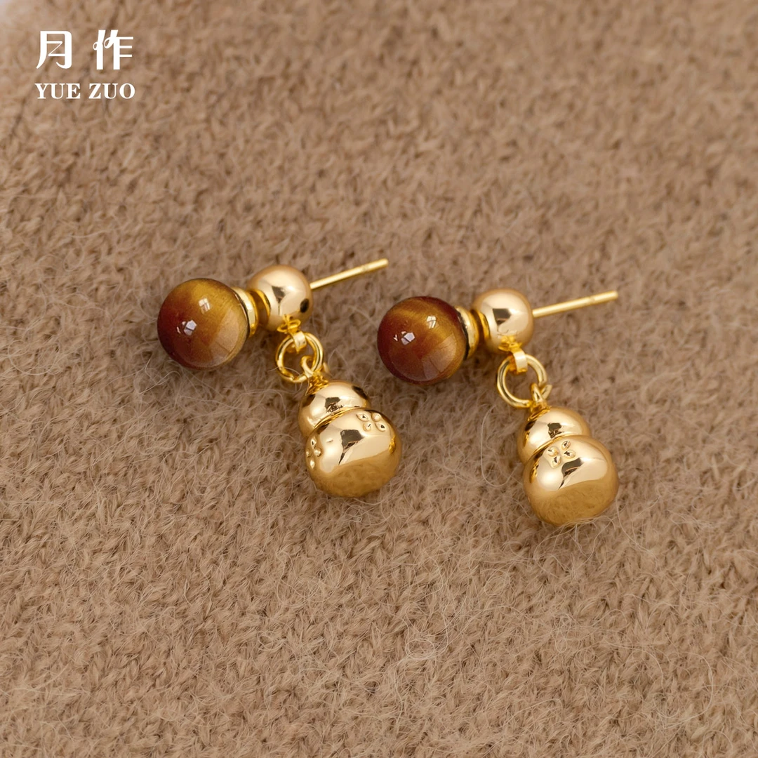 铜合金耳饰 复古美拉德金色女葫芦卡其色几何耳钉轻奢复古百搭