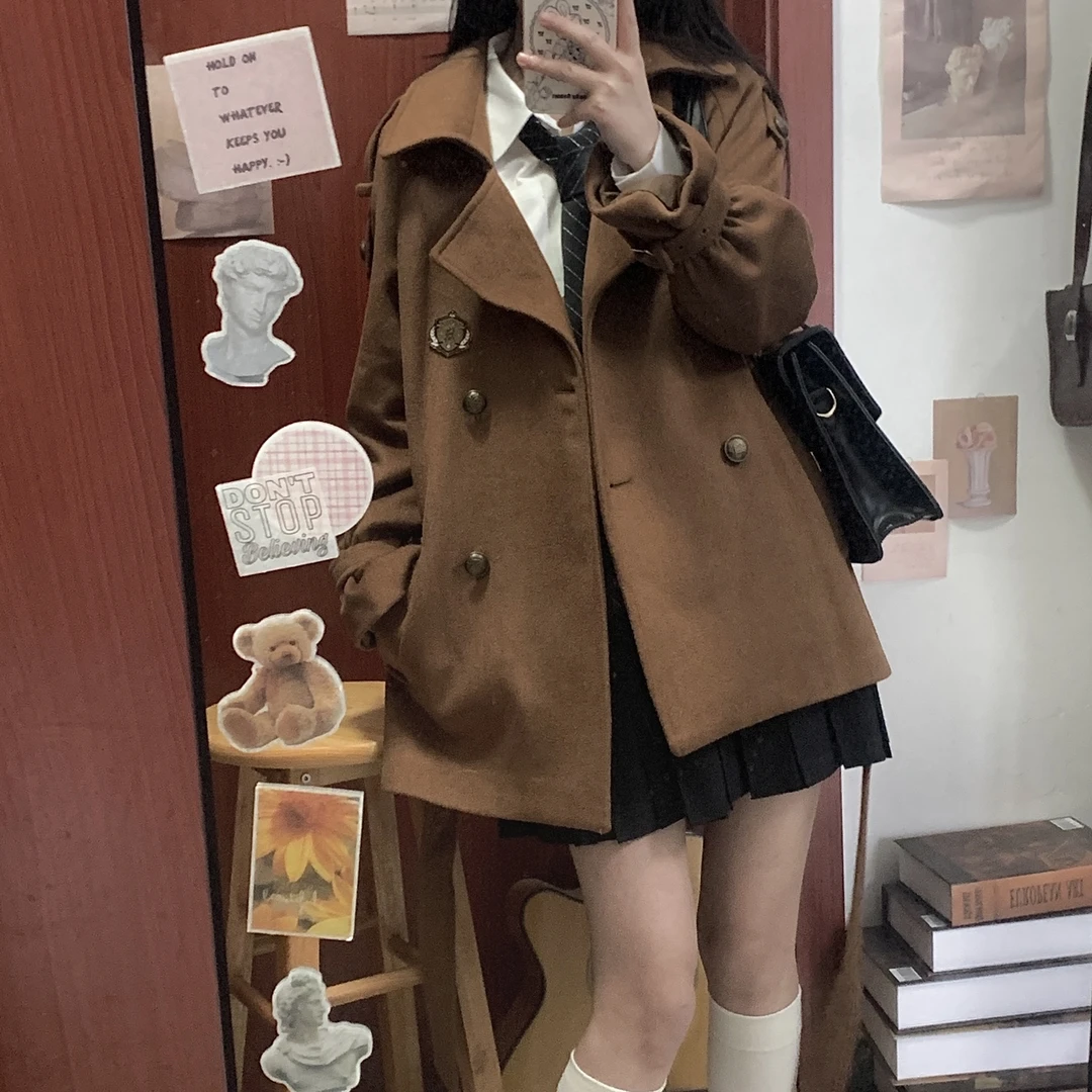 放学后/双排扣羊毛大衣/英伦学院风jk厚毛呢外套女秋冬长/短款