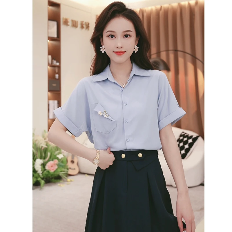 法式简约宽松显瘦翻领短袖衬衫女2025夏新款设计感别致TU27660