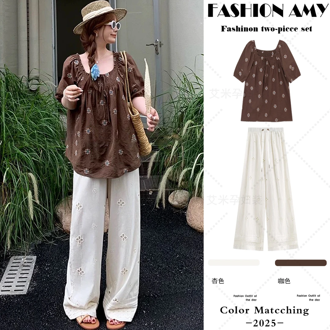 孕妇套装夏装新款时尚法式复古刺绣一字领显瘦上衣休闲镂空阔腿裤