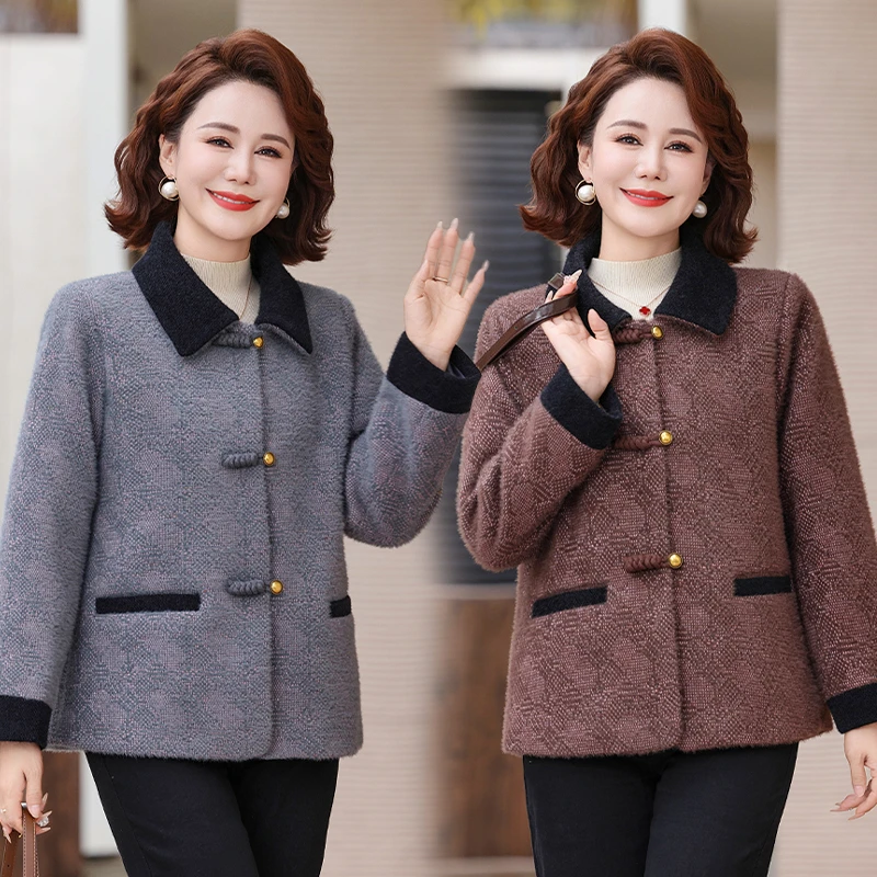 2025春秋新款妈妈装仿水貂绒毛呢外套中老年女装秋冬翻领时尚上衣