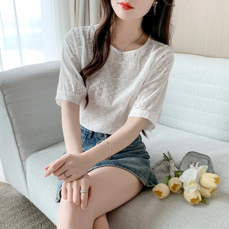 2025年夏季新款百搭纯棉刺绣T恤白色泡泡袖宽松遮肚子小个子上衣